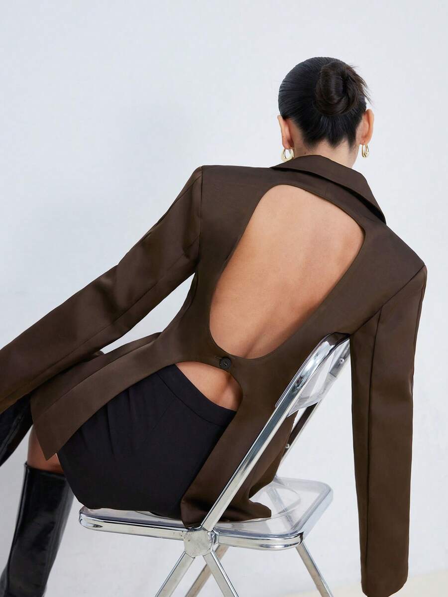 Aveloria Modichic Commuting Elegant Design Sense Backless Sexy Satin Luster Waist Cinching Long Sleeve Lapel Women's Blazer - Brown - View 1