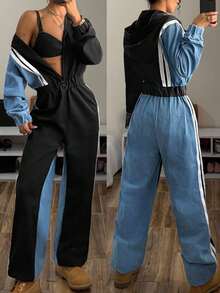 StreetHx Women's Color Block Regular Shoulder Long Sleeve Hooded Casual Waist Drawstring Denim Jumpsuit - Multicolor - View 1