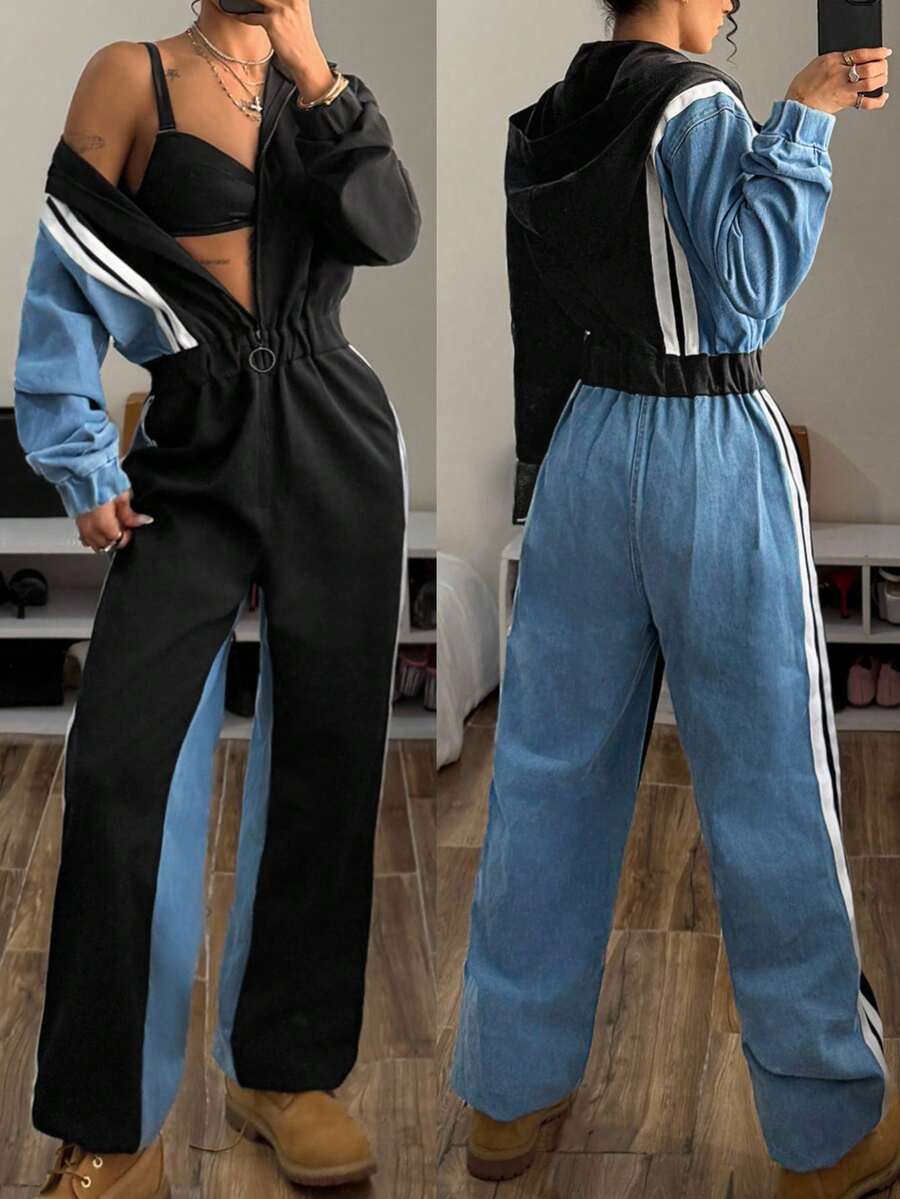 StreetHx Women's Color Block Regular Shoulder Long Sleeve Hooded Casual Waist Drawstring Denim Jumpsuit - Multicolor - View 1