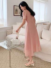 DAZY Women's Bow Tie Waist Fit & Flare Midi Dress - Pink - View 3