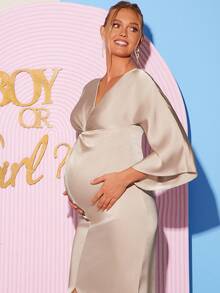 SHEIN Elegant Maternity Dress With Front Twist And Bell Sleeves, Autumn Dress Gender Reveal Dress Maternity Dress Baby Shower Dress - Apricot - View 2