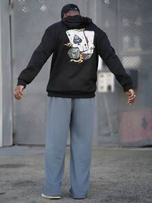 Heavens Edit 男士扑克印花保暖连帽抽绳衫，带口袋，秋冬季长袖上衣 - 黑色 - 查看 2