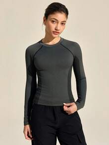 SHEIN In My Nature Dam-T-shirt med raglanärm och rund hals, avslappnad fitness- och utomhusfunktion - Svart - Visa 3