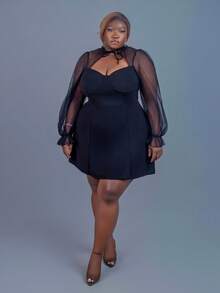 CurvyTilda 大碼繫帶領荷葉袖洋裝 - 黑色 - 查看 4