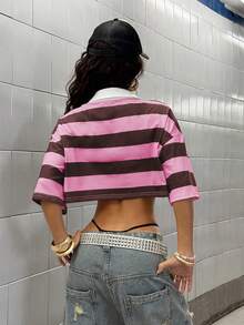 StreetHx Áo polo tay ngắn nữ mùa xuân/hè kẻ sọc xanh hải quân và vàng phong cách đường phố thường ngày, thích hợp đi làm. - Nhiều màu - Xem 2