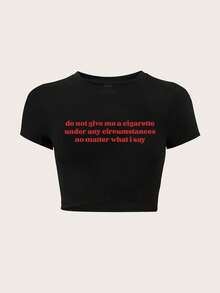 StreetHx Women's Summer Cropped T-Shirt, Y2K Style Black "Don't Give Me A Cigarette" Graphic Exposed Midriff Crop Top - Black - View 5