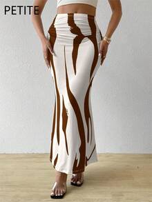 SHEIN PETITE Women's Summer Abstract Striped Print Ruched Fishtail Hem Vacation Brown Skirt - Coffee Brown - View 1