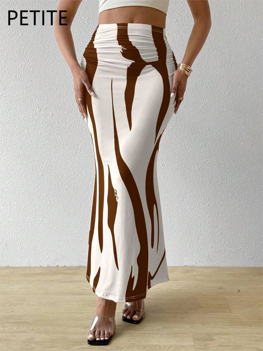 SHEIN PETITE Women's Summer Abstract Striped Print Ruched Fishtail Hem Vacation Brown Skirt - Coffee Brown - View 1