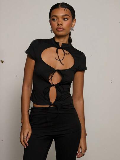 COUREZ Tie Front Cut Out Top/Y2K Spring Clothes For Women Cute Sexy Black Tops Going Out Party Rave Outfits Summer Tops 2 Piece Sets