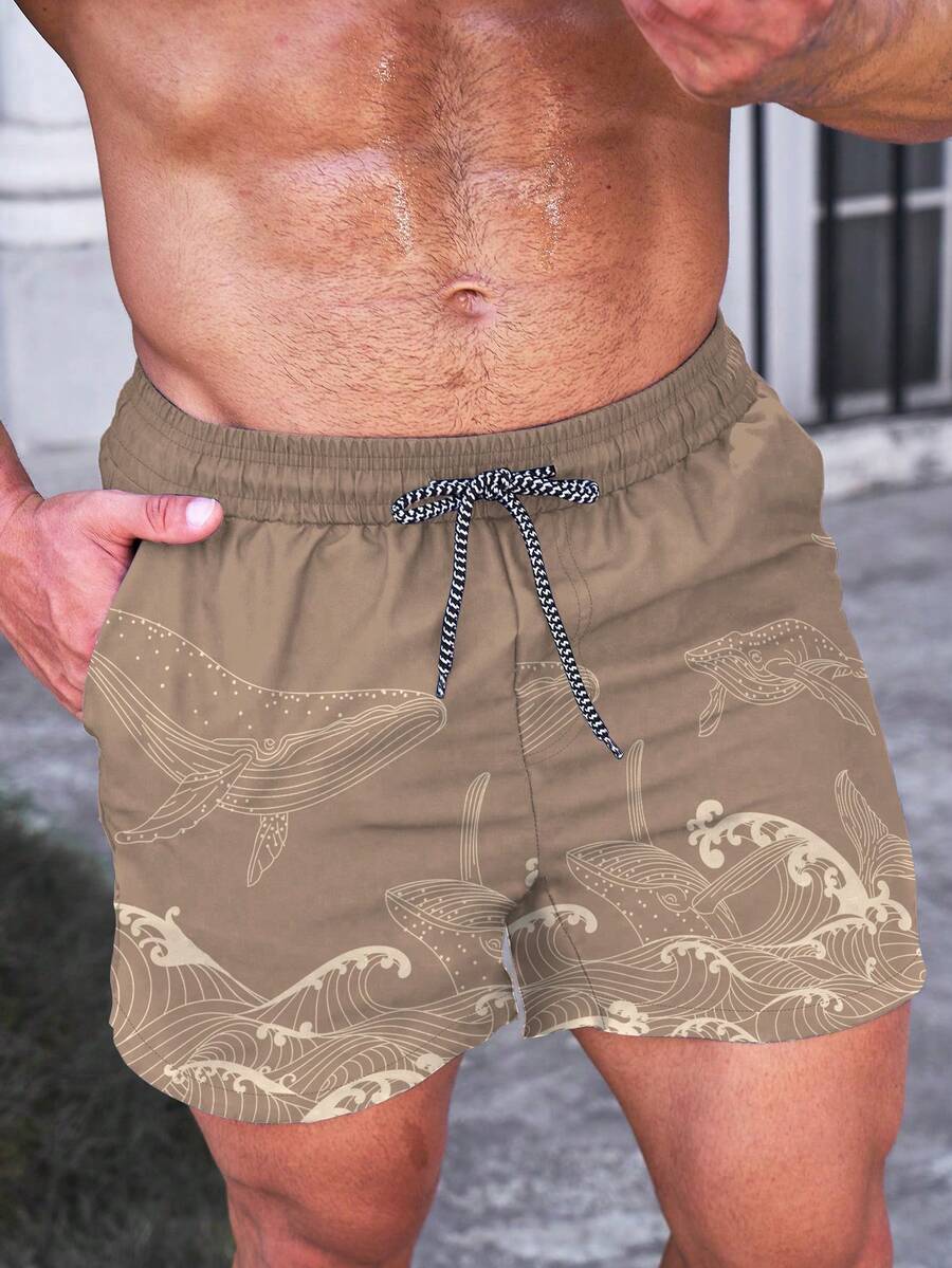 Manfinity Swimmode Men's Wave Print Drawstring Waist Pocket Beach Shorts - Coffee Brown - View 1