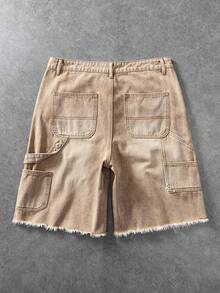 ROMWE MEN Street Life 男士休闲日常牛仔短裤，带口袋、纽扣和毛边裤脚 - 棕色 - 查看 2