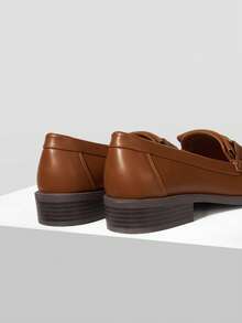 Mnmlis Women's Retro British Style Commuter Vintage Gold Buckle Brown Round Toe Flat Thick Heel Slip-On Loafers Casual Shoes Valentine's Day - Brown - View 5