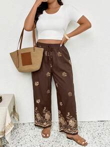 SHEIN Frenchy 大码女式印花系带阔腿休闲裤棕色裤子女式夏季裤刺绣裤印花裤抽绳裤春季女式下装 - 棕色 - 查看 2