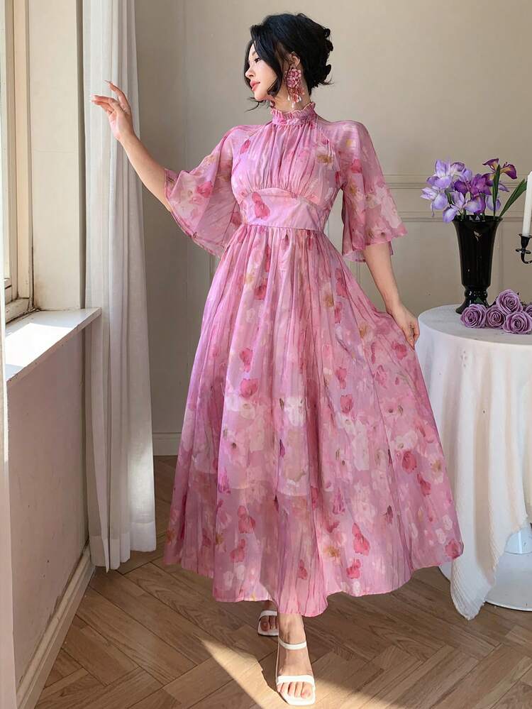 Women's Stand Collar Short Sleeve Waist Cinched Printed Fabric Backless Lace-Up Mid-Length Dress Sundress
