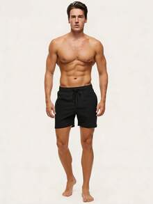 Palasendo Men's Solid Color Casual Beach Shorts, Holiday - Black - View 5