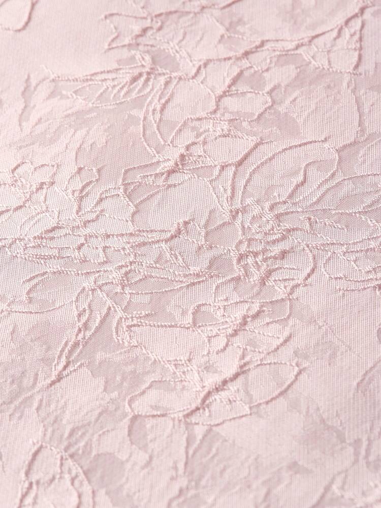 Ellevyn 女士圆领短袖提花纹理面料粉色收腰褶裥A字优雅日常/约会中长连衣裙，早春 - 粉色 - 查看 14