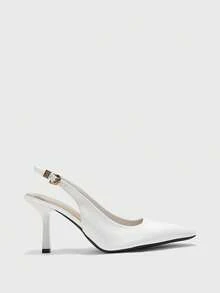 CUCCOO BIZCHIC Women's Pointed Toe White Patent Leather Backless Metal Buckle Strap Fashion Slip-On Pumps, Elegant For Commuting - White - View 2