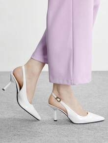 CUCCOO BIZCHIC Women's Pointed Toe White Patent Leather Backless Metal Buckle Strap Fashion Slip-On Pumps, Elegant For Commuting - White - View 3