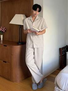 DAZY Apricot Short Sleeve Shirt And Pants Men's Pajama Set, Spring/Summer - Apricot - View 4