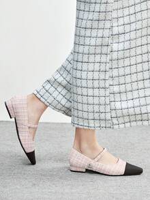 CUCCOO BIZCHIC 女士新款灰色法式低跟尖头简约时尚针织玛丽珍鞋，圣诞节必备 - 粉色格子 - 查看 5