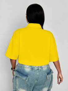 Maweii Kemeja Pendek Wanita Ukuran Besar Warna Polos dengan Kantong Depan - Kuning - View 3
