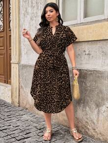 EMERY ROSE Plus Size Women Leopard Print V-Neck Short Sleeve Casual Summer Dress - Multicolor - View 3