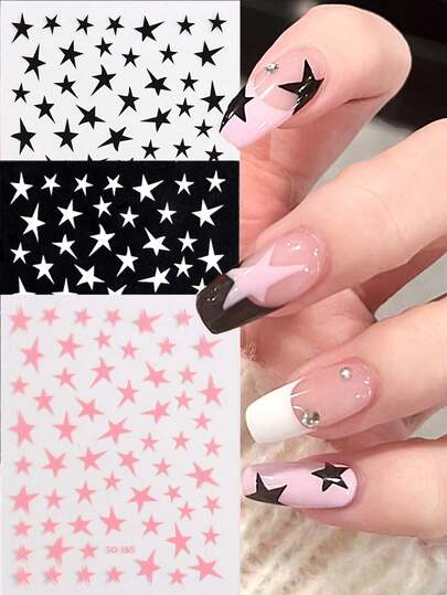 3 piezas Pegatinas de uñas con estrellas en negro, blanco y rosa, dijes de corazón, sliders autoadhesivos, pegatinas de arte de uñas con esmalte de gel cromado plateado, lindos diseños de uñas Y2K, manualidades de uñas, regalo para amigos