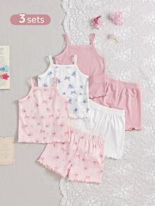 SHEIN 6件組女嬰粉藍白夏季可愛飄逸家庭套裝 花卉無袖吊帶上衣彈性腰短褲 野餐公園度假適用 - 彩色 - 查看 1