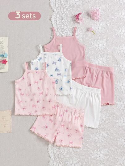 SHEIN 6pcs Baby Girls Pink, Blue, White Solid Color Small Floral Sleeveless Suspender Top + Elastic Waist Shorts Casual, Cute, Comfortable And Simple Suit, Suitable For Daily In Summer Or Travel, Vacation, Small Fresh Picnic Park And Other Occasions To Wear