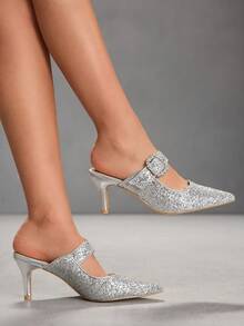CUCCOO SZL New Pointed Toe Silver Sequin Backless Design High Heel Women Shoes Valentine's Day - Silver - View 6