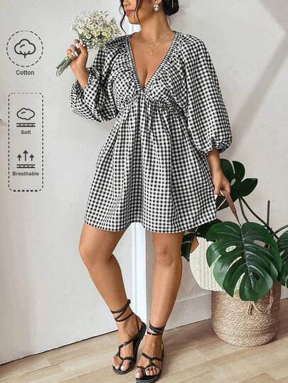 Lounesse Plus Size Women's Plaid Deep V-Neck Lantern Sleeve Sexy Fashion Dress Gingham Dress Checkered Dress Plaid Dress Women Long Sleeve Spring Dress Picnic Dress For Woman Spring Outfit Women Spring Dress For Women