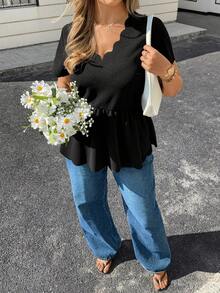 Lounesse 大码女式V领荷叶边短袖T恤，弹力修身舒适百搭，适合日常穿着，春夏款 - 黑色 - 查看 5