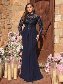 Glamrae Plus Size Elegant Navy Blue Luxurious 3D Beaded & Sequin Embroidered Asymmetrical Neck Sheer Long Sleeve Ruched Fishtail Formal Gown, Suitable For All Formal Occasions - Navy Blue - View 7
