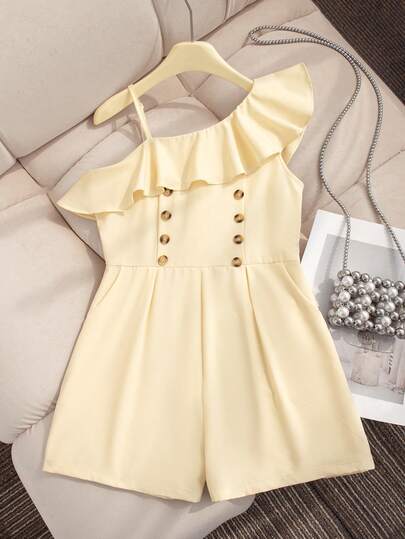 Mono elegante con volantes y tirantes para niñas, mono corto con decoración de botones dorados, adecuado para fiestas, salidas, escuela, verano