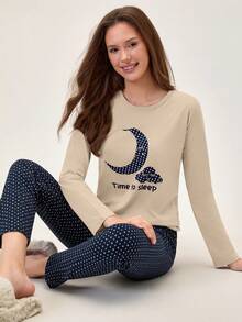 Loomlin 2pcs Cotton Contrast Colour Moon Printed Shirt And Star Printed Sleep Bottom PJ Set - Beige - View 6