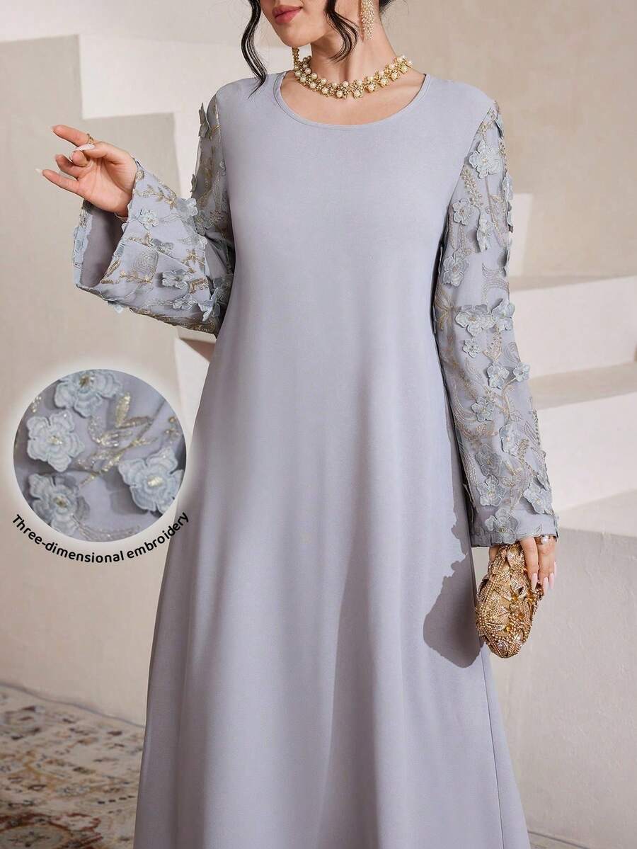 Al Najma 新款纯色花卉蕾丝女士睡袍,优雅土耳其风格睡袍 - 灰色 - 查看 1