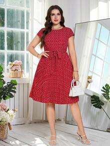 SHEIN Clasi Plus Size Elegant Burgundy Summer Dress For Women,Vintage Heart Print Pleated Everyday Casual Outfit,Luxury Wedding Guest Party Prom Formal Dresses - Red - View 6