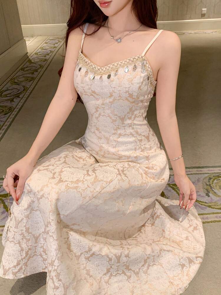 Women's Elegant Floral Print A-Line Sequin Tassel Slip Midi Dress, Summer Wedding Guest Dress Cocktail Dress