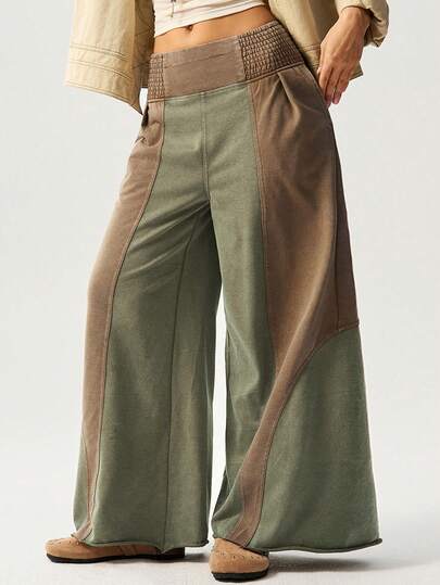 Bohemela Plus Size Colorblock Elastic Waist Casual Wide Leg Pants