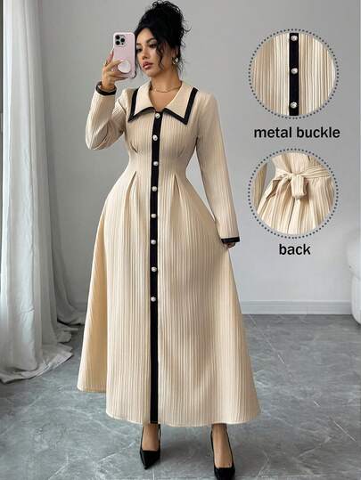 Elenzga Ladies' Light Brown Woven Lapel Contrast Color Long Dress For Autumn And Winter