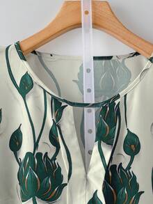 Linhara 大码女式休闲印花圆领长袖衬衫，蓝白印花衬衫，秋季服装，乡村音乐节衬衫，女士秋季衬衫，户外服装，2025新款印花衬衫，复古女式上衣，灯笼袖女式衬衫，长袖女式衬衫，女式衬衫 - 墨綠色 - 查看 4