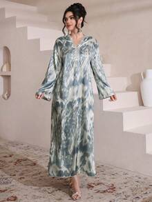 Al Najma 女士春夏蓝色扎染数码豹纹长袖连帽开衫和传统土耳其/阿拉伯长袍 - 藍色 - 查看 8