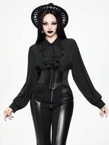ROMWE Áo sơ mi nữ cổ bèo kiểu Gothic cổ điển cài cúc phía trước, mùa thu - màu đen - Xem 2