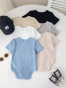 SHEIN 6件套男女宝宝通用新生儿100%纯棉休闲纯色弹力罗纹短袖连体衣套装，易于穿脱，春夏款 - 彩色 - 查看 2