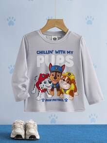 SHEIN | PAW Patrol Young Boy Letter & Cartoon Graphic Round Neck Long Sleeve T-Shirt - Grey - View 1