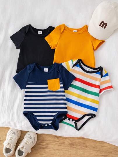 SHEIN 4pcs/Set Unisex Newborn Baby Boy/Girl Casual Colorblock & Striped Pattern Short Sleeve Bodysuit Set, Spring/Summer