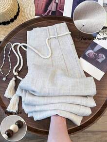 GlowEve Women's Bamboo Texture Fabric Paired With Wooden Bead & Tassel Drawstring Wide Leg Pants, Casual Daily Vacation Commute Business Fashion Holiday Date French Street Retro Versatile Light Gray Early Spring/Spring Summer New Wide Leg Pants - Grey - View 1
