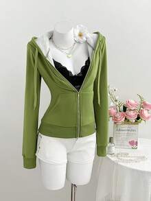 Elamini 女士修身复古风针织弹力连帽保暖长袖口袋卫衣 - 綠色 - 查看 3