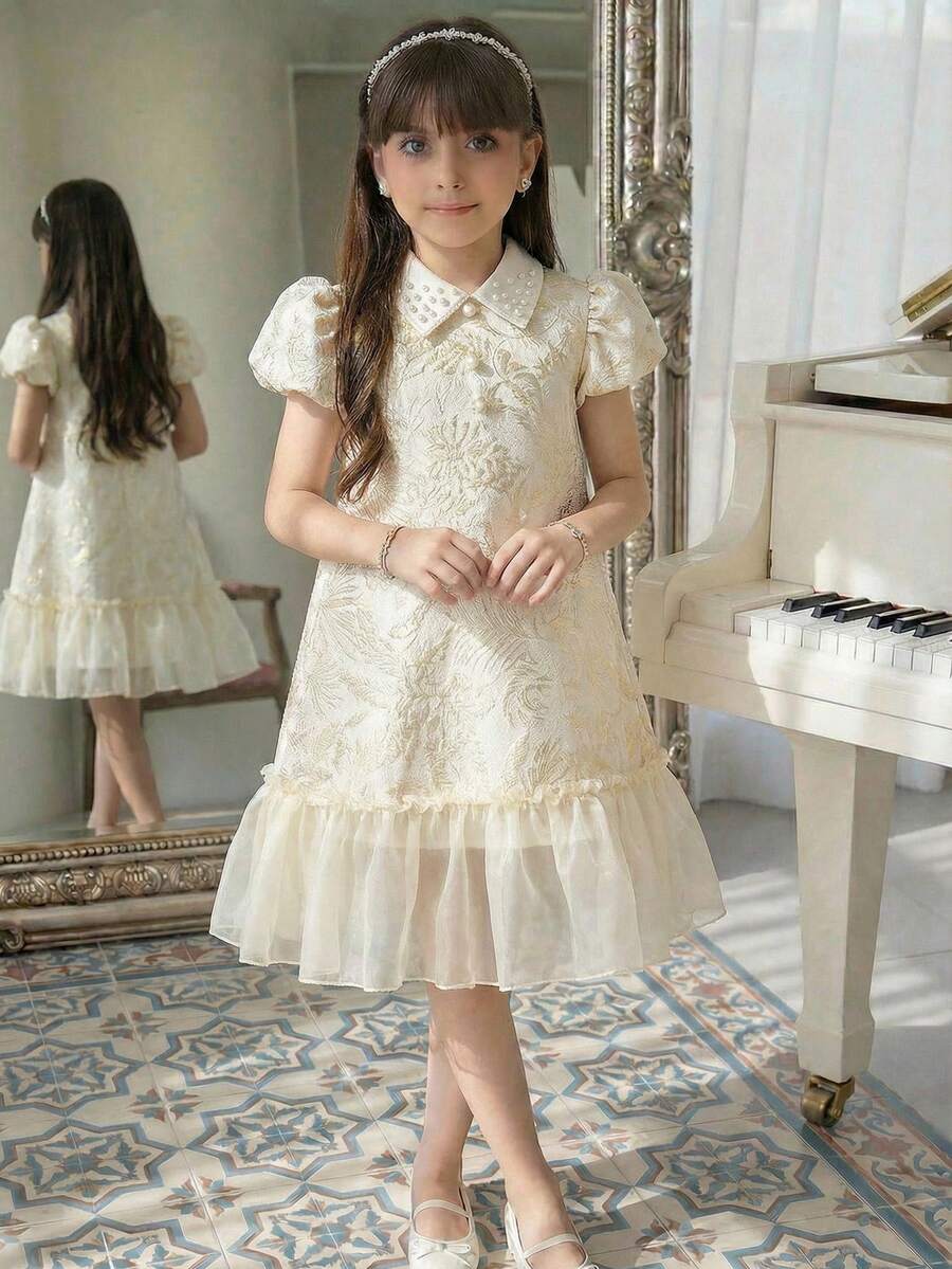 SHEIN Tween Girl Collared Short Sleeve Mesh Dress - Apricot - View 1