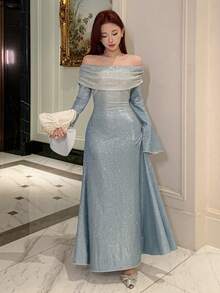 DAZY Đầm dài trễ vai xếp ly dành cho nữ, có lớp lót giữ nhiệt, thích hợp cho mùa tựu trường và các dịp trang trọng. - Xám Xanh - Xem 7